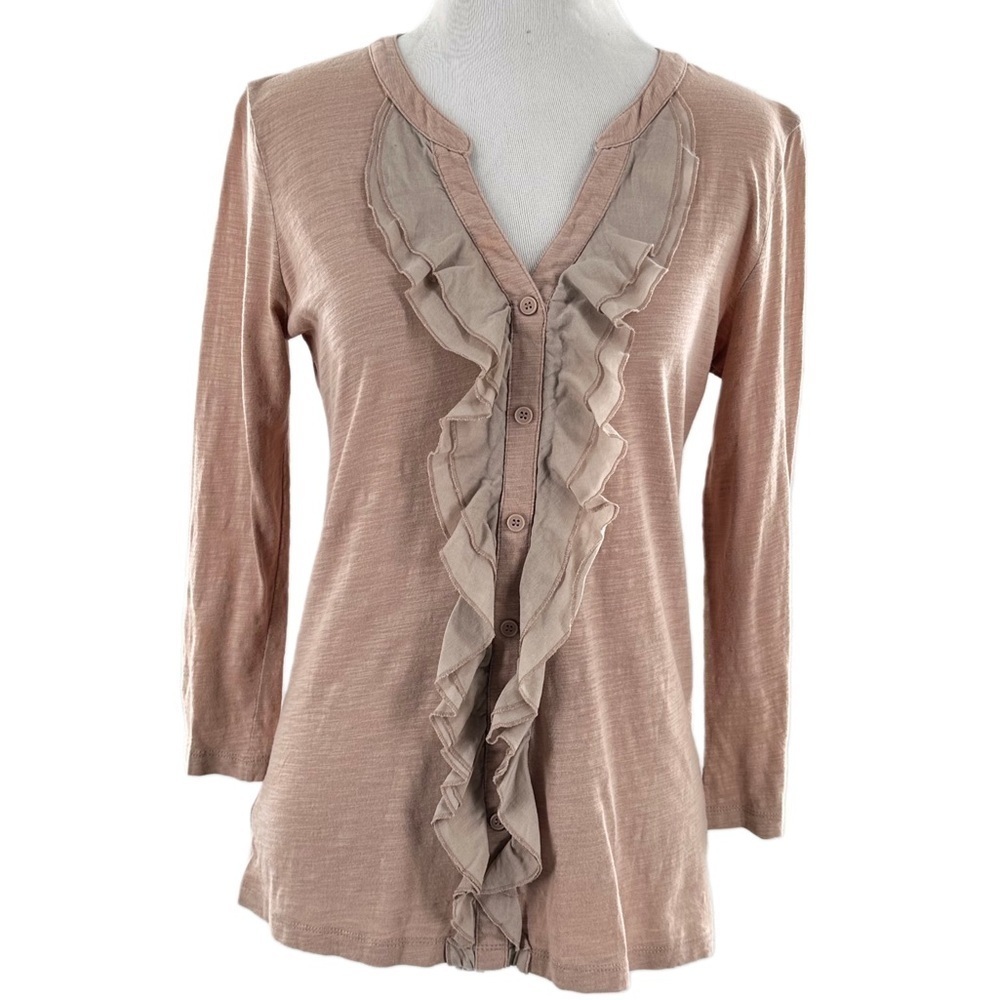 Ann Tylor loft top S pink mauve split v-neck  button down ruffle 3/4 sleeve